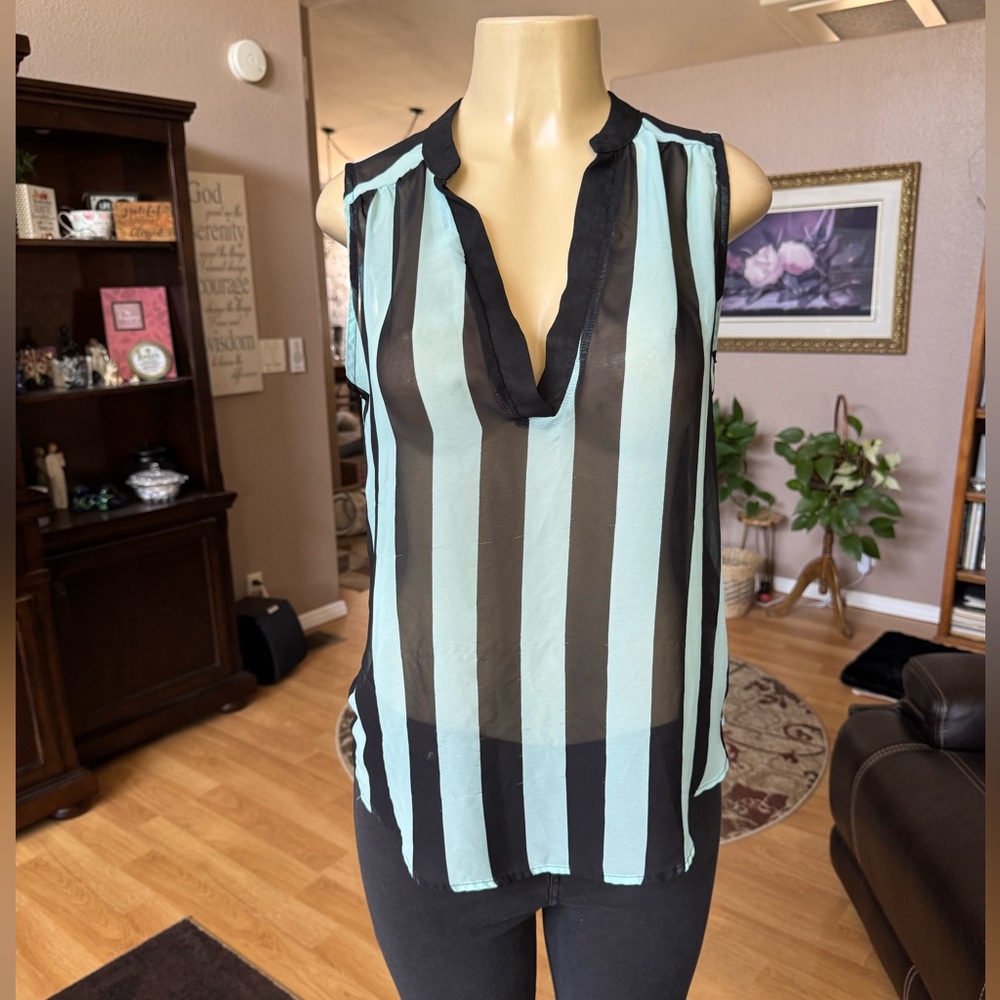 A+ Ellen sheer green & black sleeveless Vneck blouse-size M
